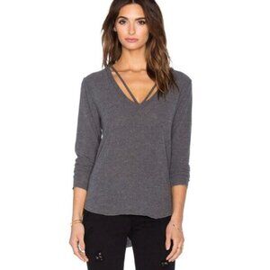 Revolve LNA Strappy Sweater V-neck Long Sleeve Fuzzy Soft Charcoal Grey Size XS